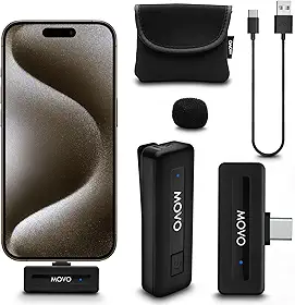 Movo Mini microfone sem fio USB-C sem fio para iPhone 15/16/17 - microfone compatível com Pro Max - vida útil da bateria de 10 horas, alcance de 50 metros