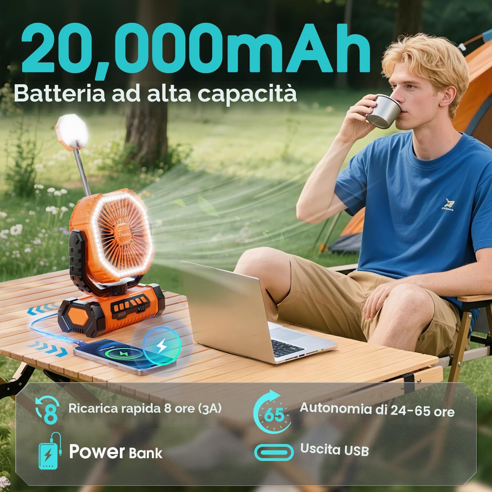 Ventilatore Campeggio 20000mAh con Luce LED, Ventilatore Portatile Ricaricabile con Gancio e Telecomando, Ventilatore USB Scrivania per Esterno Tenda Spiaggia Allaperto - Arancione