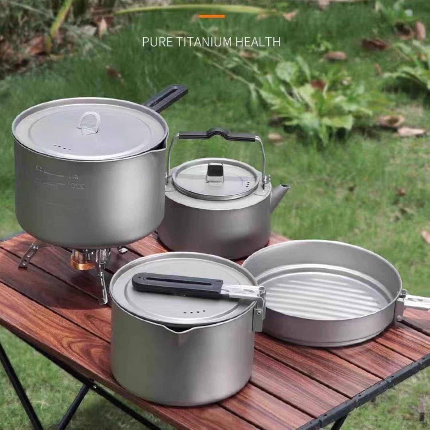 RISON TITANIUM 3Pcs Cookware Set Portable Titanium Stackable Camping Cooking Pot Mess Kit Set for Hiking and Picnic