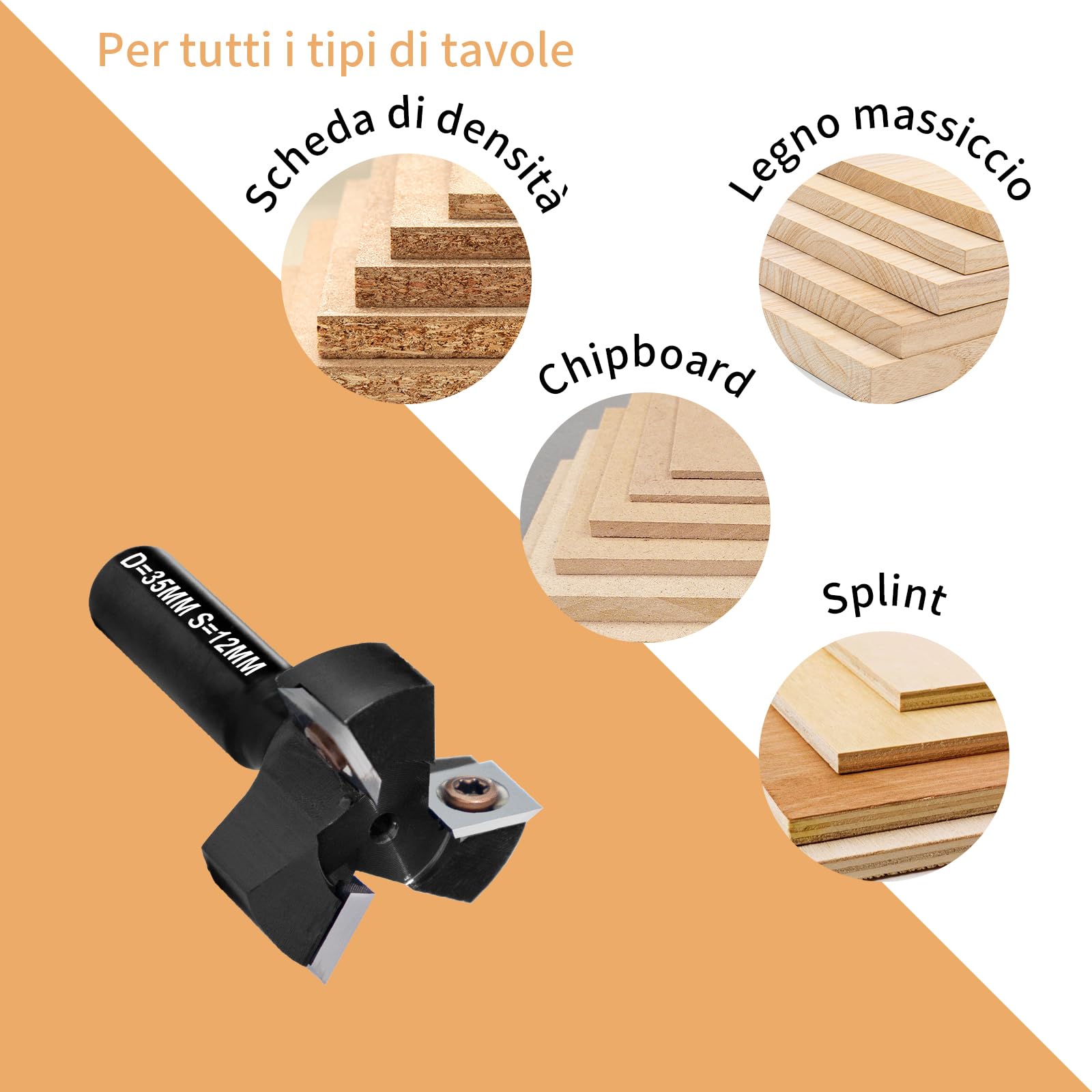 Fresa per spianare legno massello per Fresatrice verticale legno, diametro 35 mm e gambo 12 mm, Fresa per Superfici a 3 lame