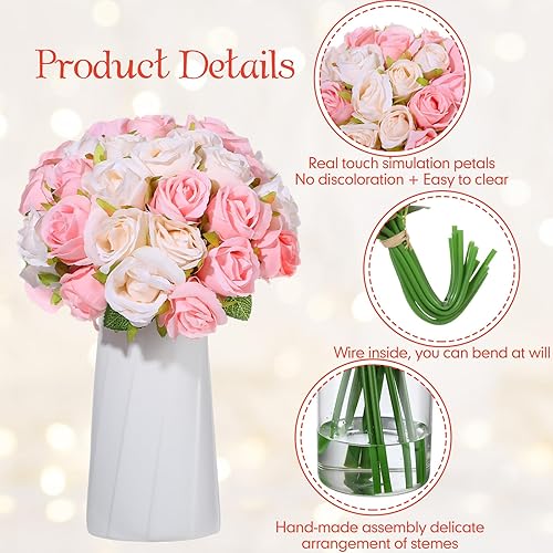 Miniatura 3 de Tigeen 96 cabezas 8 ramos de rosas artificiales, ramo de flores con tallos de tacto real, rosas falsas de boda, arreglos florales de boda, centro de