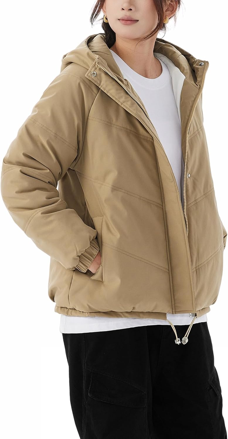 JiangWu Women's Winter Thickened Hooded Cotton Coat Windproof Warm Fleece Jacket