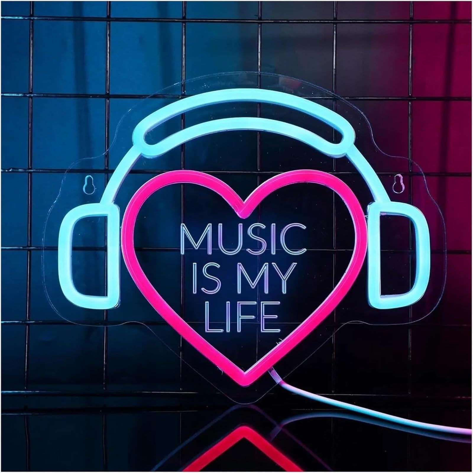 Lampe néon Enseigne lumineuse LED « La musique est ma vie » pour fête d'anniversaire, club, décoration murale, 26,3 x 21,5 cm