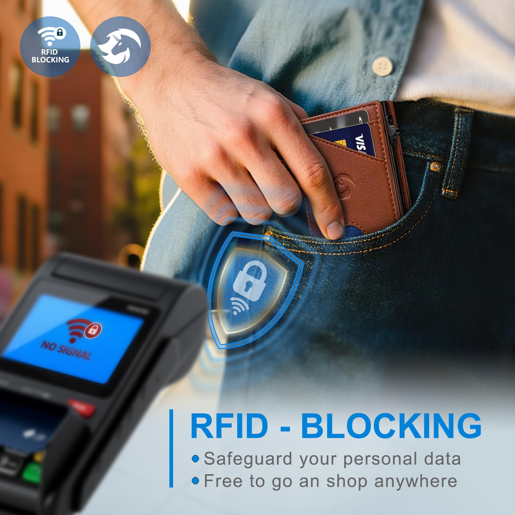 Portfel dla mężczyzn, smukłe etui na karty z blokadą RFID, minimalistyczny składany portfel z 9 przegródkami na karty, okienkiem na dowód osobisty i kieszenią na gotówkę, metalowe etui z