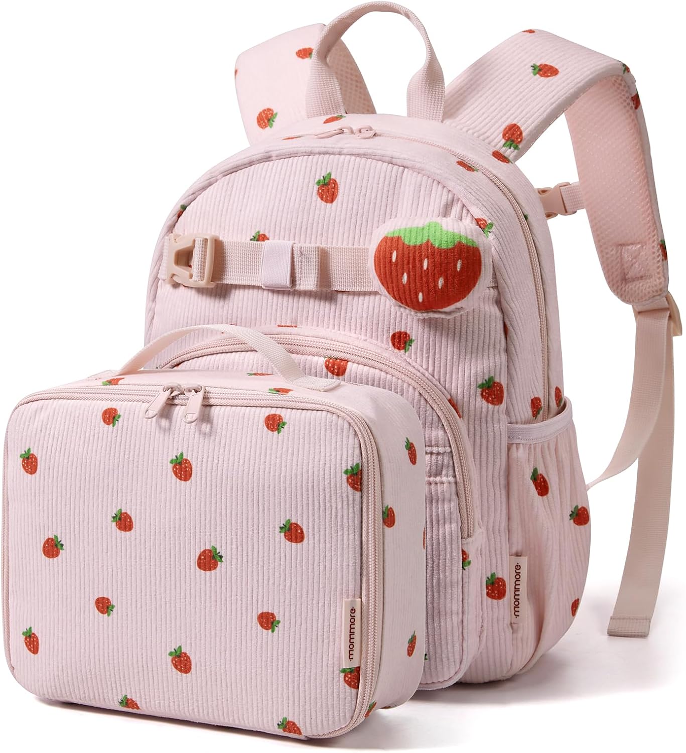 mommore Corduroy Toddler Backpack for Girls 2-4, Kids Backpack with Lunch Box, 13" H Preschool Kindergarten Backpacks for Girls - Strawberry