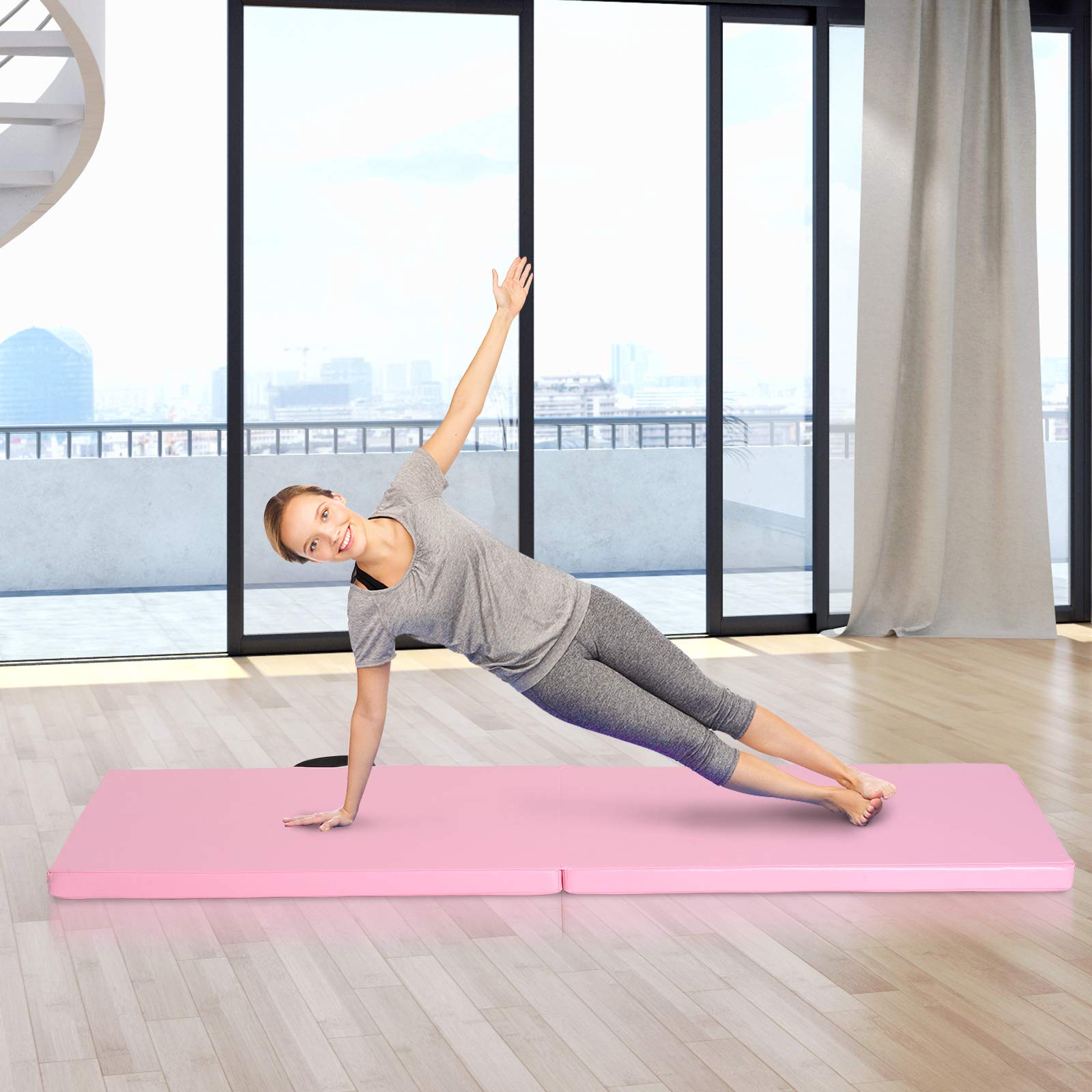 HOMCOM Tappetino da Ginnastica Pieghevole, Materassino Fitness Spesso 5 cm e Antiscivolo, Tappeto da Palestra Salvaspazio per Yoga e Pilates, 180x60 cm, Rosa