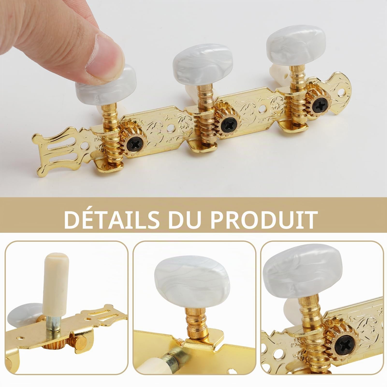 2 Pièces Mécaniques pour Guitares Classiques, Guitare Classique Tuning Pegs 3L+3R avec Boutons Blancs, Mécaniques d'Accordage de Remplacement pour Guitare Acoustique et électrique