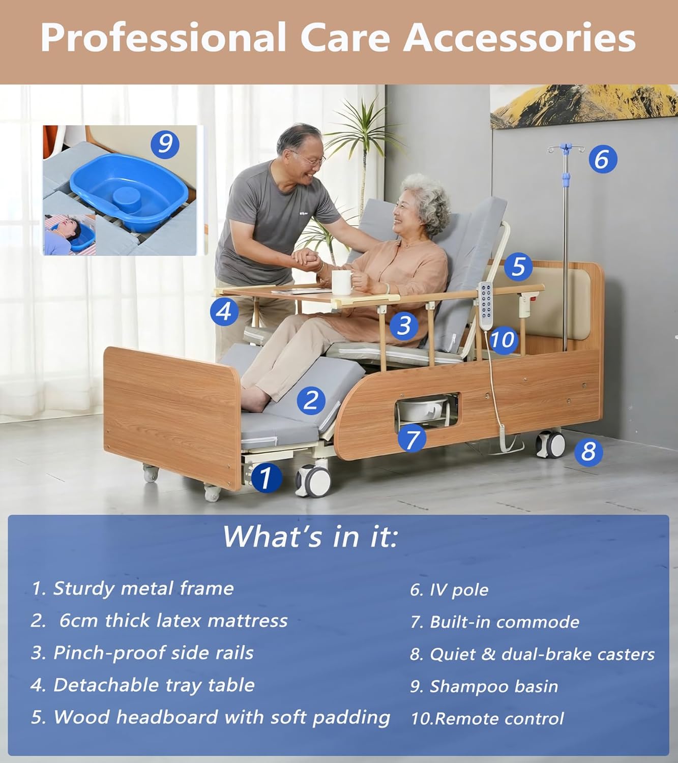 Full Electric Adjustable Hospital Medical Nursing Bed for Seniors Elderly Home Care Use with Remote Control/Built in Toilet/Beds Mattress/Tray Table/IV Pole All Accessories (Whole Bed Lift 18" - 27" )