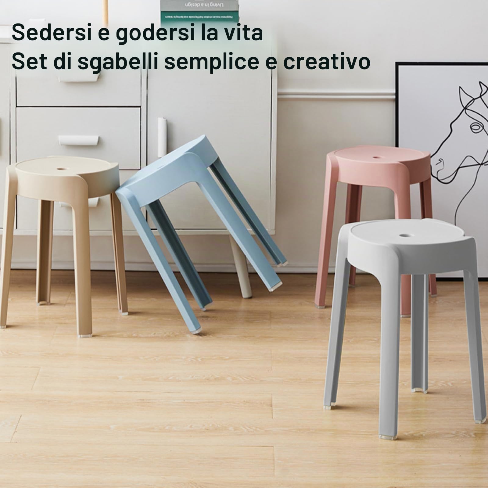 46CM Sgabello da Bagno in Plastica, Set di 5 Robusti Cucina Bar Sgabelli Impilabili Sedia Doccia Anziani Antiscivolo Sgabello per Bagno Camper Interno ed Esterno, 5 Colori