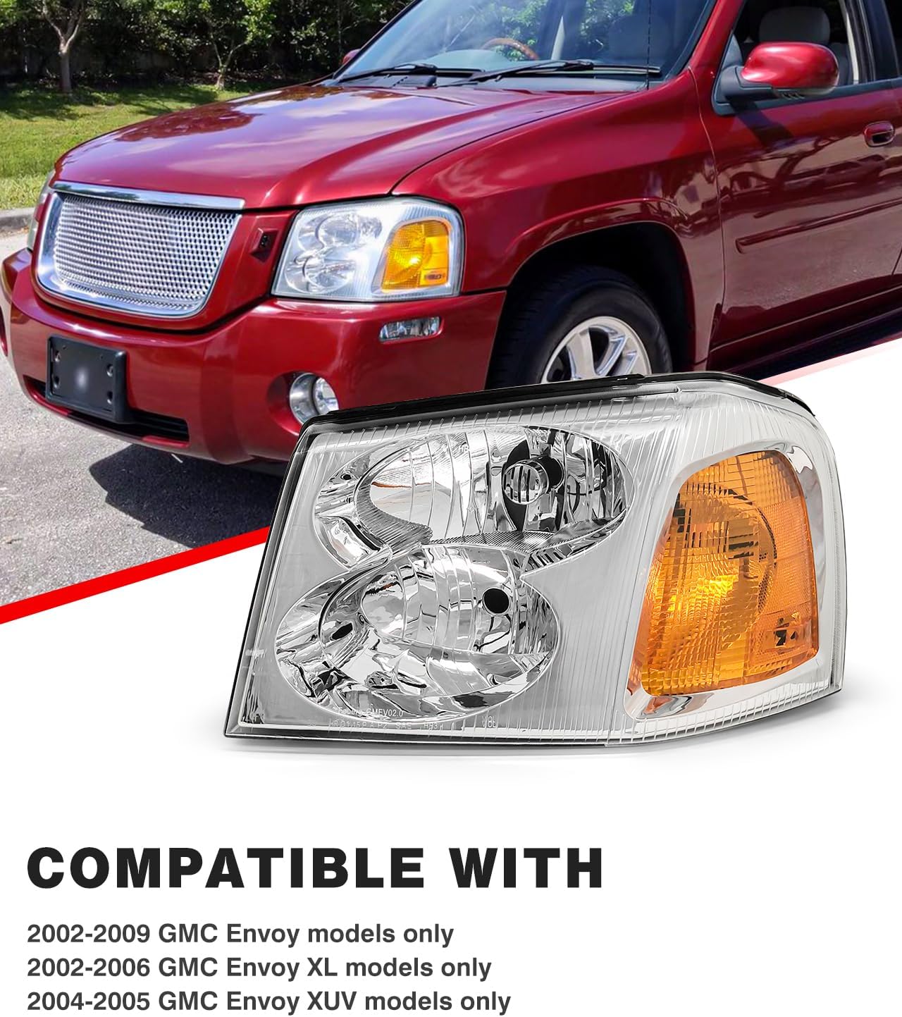 Headlight Assembly for Gmc 02 03 04 05 06 07 08 09 Envoy Headlight fit 2002-2009 Gmc Envoy Headlamp Amber Clear Lens Chrome Housing with Reflector Replacement Left + Right（W/O Bulbs）