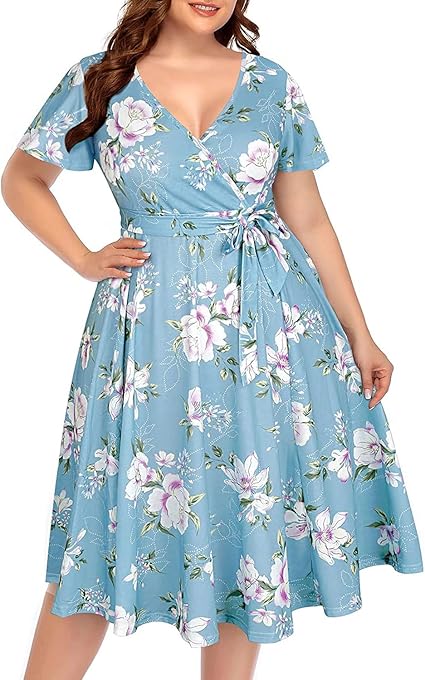 Plus Size Wrap V Neck Midi Casual Wedding Guest Short Flutter Sleeve Summer Dress