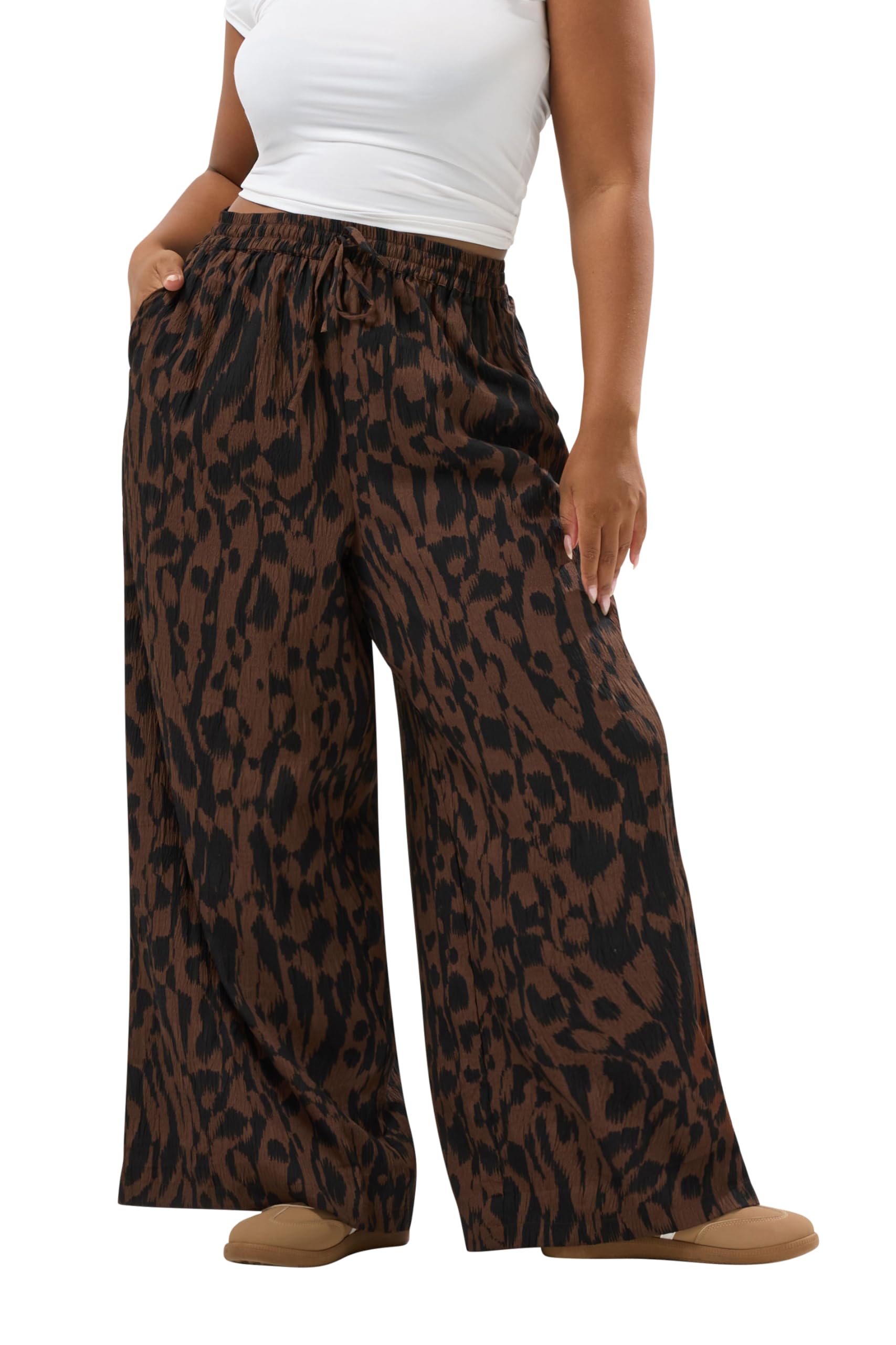 Yours Women's Brown Curve & Black Abstract Wide Leg Trousers - Plus Size Curve