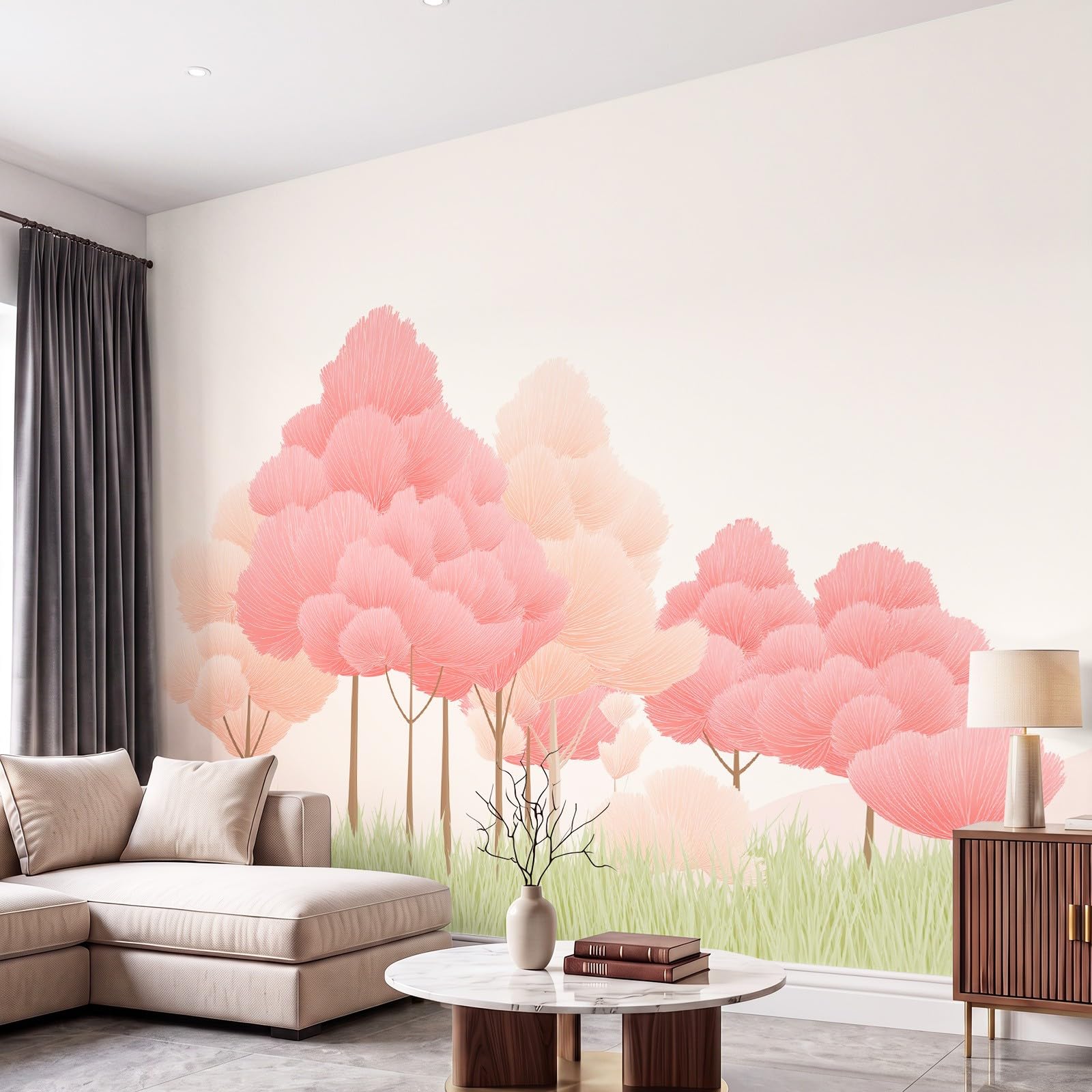 Fototapeta botaniczna, spokojna, elegancka, różowa, 250 x 175 cm, panoramiczny obraz ścienny do salonu, sypialni, tapeta z włókniny, tapeta ścienna z drzewem koralowym, minimalistyczny krajobraz