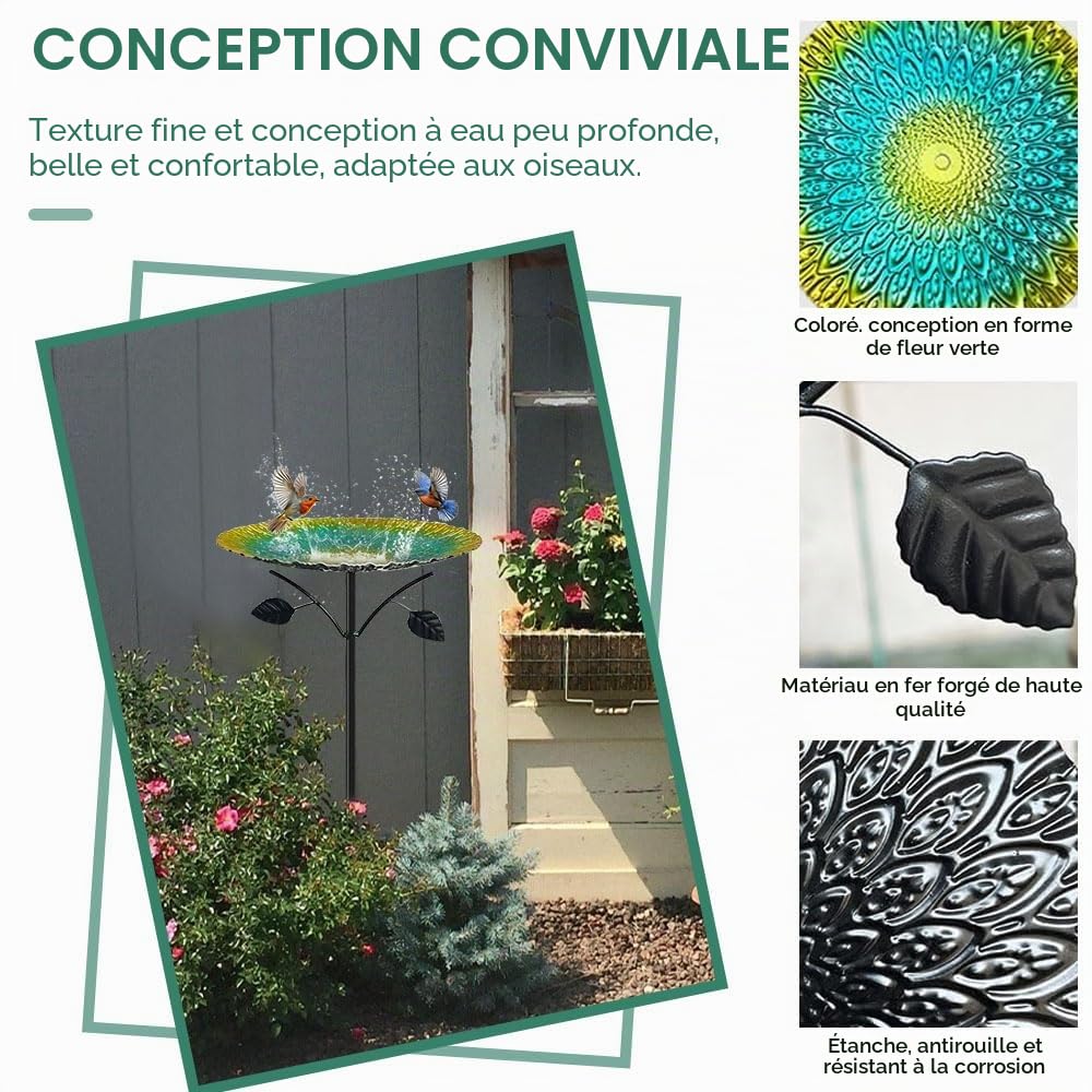 Abreuvoir Oiseaux Extérieur, 83cm Métal Bain d'oiseaux avec Base Stable 5 Broches, Mangeoire Oiseaux Exterieur sur Pied pour Oiseaux Sauvages, Jardin, Terrasse et Balcon（Vert）