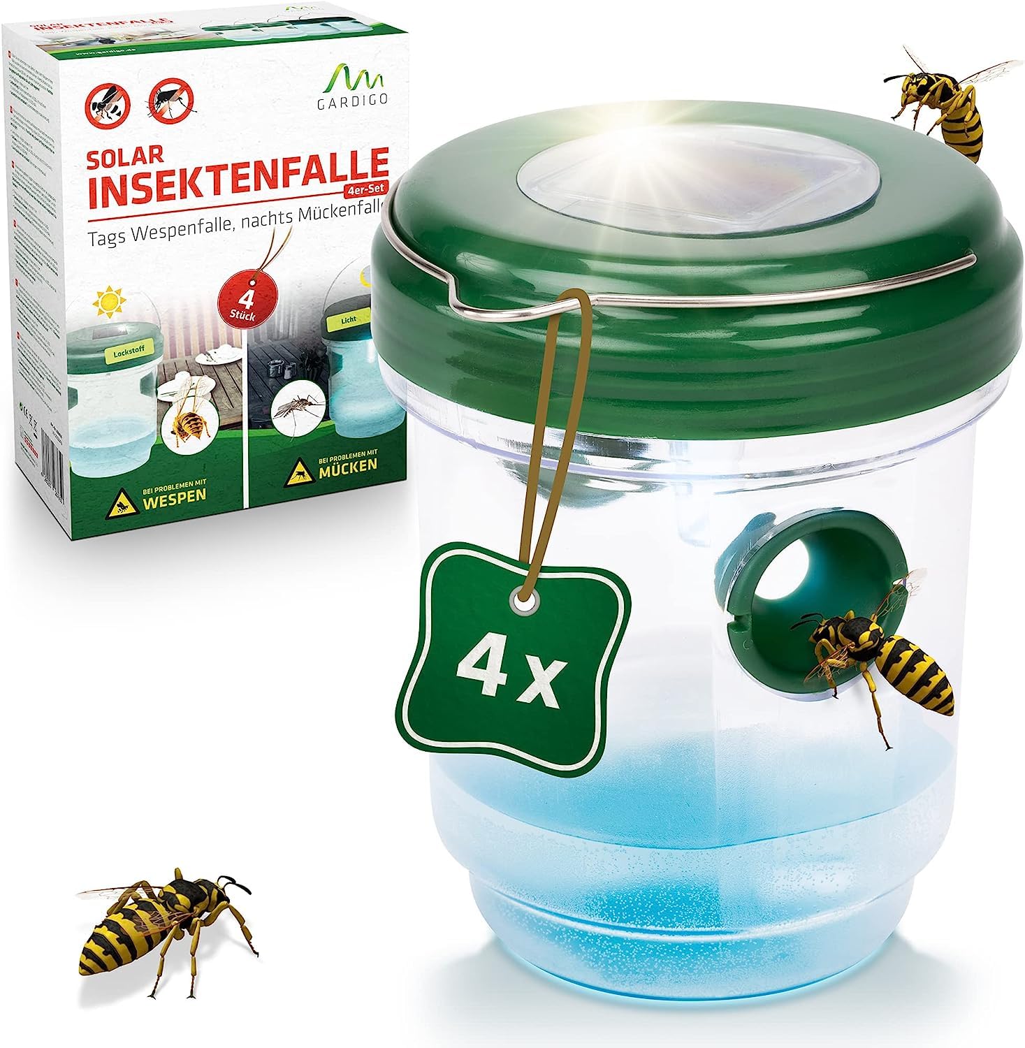 GARDIGO® 4x Trappola per Vespe da Esterno e Trappola per Zanzare 2in1 | Luce LED | Cattura Insetti | Esca Calabroni | Insetticida per Zanzare da Giardino | Antizanzare