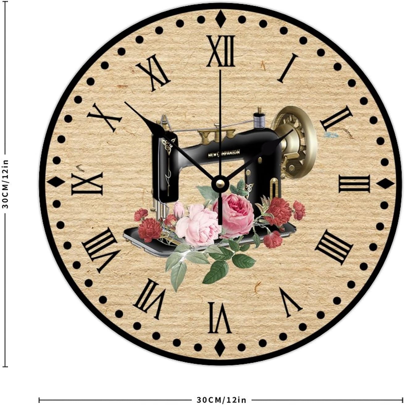 12" Silent Non-Ticking Wall Clocks Battery Operated Sewing Machine Rose Wooden Wall Decor for Patio Flower Floral Tailor for Her Decorative Round Wooden Wall Clock Rustic for Exercise Room Workshop
