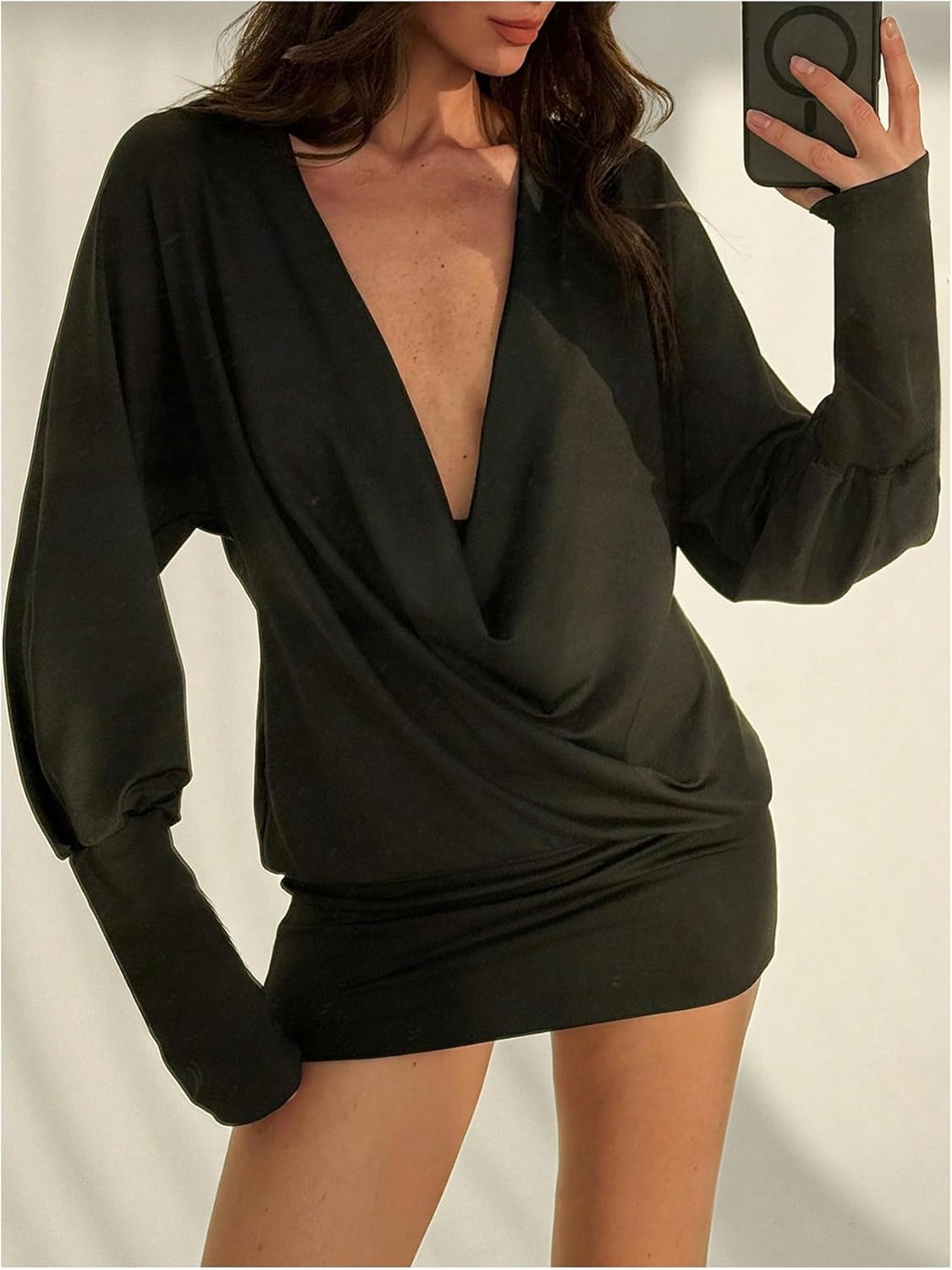 MakeMeChic Women's Spring Mini Dress Long Sleeve Cowl Neck Draped Y2K Short Bodycon Dresses - Image 6