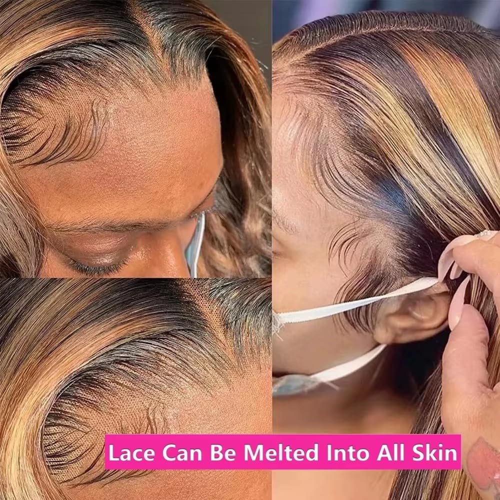 Lemoda Highlight Ombre Lace Front Wig Human Hair Full 13x4 Straight 4/27 Honey Blonde Wig Human Hair HD Transparent Lace Frontal Wigs for Women Pre Plucked with Baby Hair 28 Inch