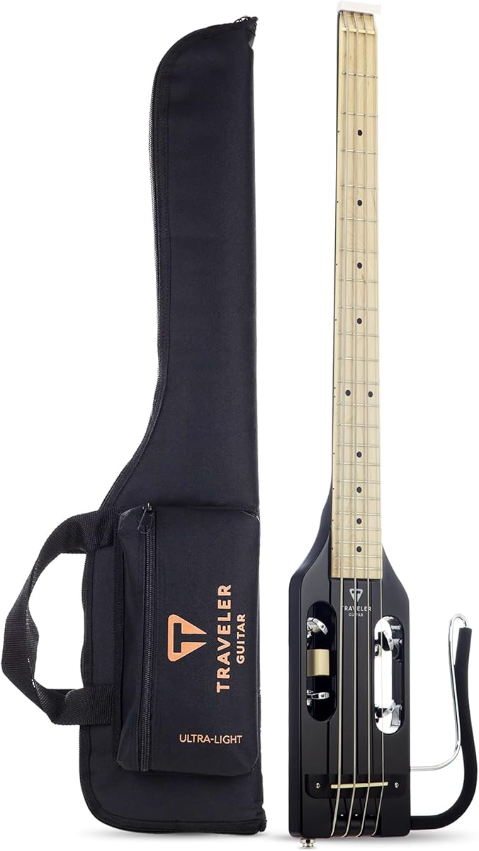 Traveler Guitar Ultra-Light Gloss Black Bass Guitar | Small Bass Travel Guitar with Removable Lap Rest | 30" Scale Portable Headless Guitar | Mini Guitar with Custom Gig Bag