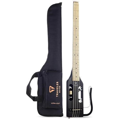 Traveler Guitar Ultra-Light Gloss Black Bass Guitar | Small Bass Travel Guitar with Removable Lap Rest | 30" Scale Portable Headless Guitar | Mini Guitar with Custom Gig Bag