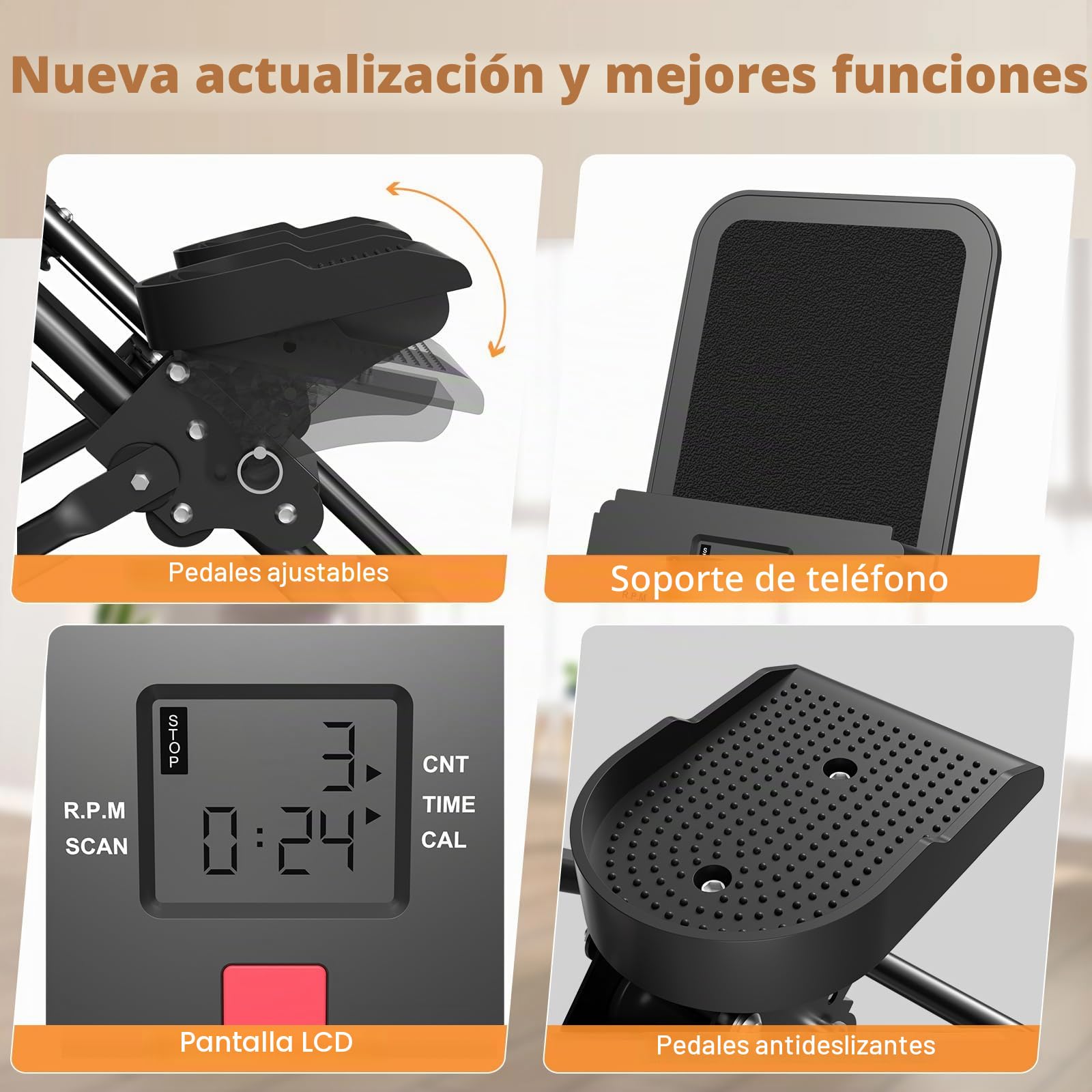 Máquina de escalada, stepper para el hogar, entrenador elíptico, escaleras plegable con monitor LCD, manillar, pedales ajustables, soporte para teléfono, para el hogar, la oficina, ejercicio