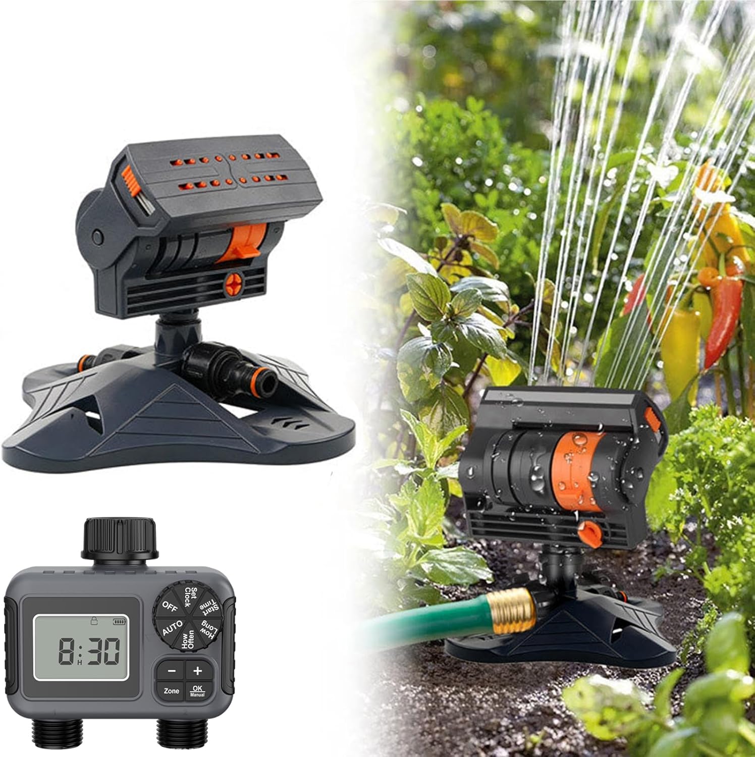 16-Nozzle Oscillating Sprinkler with Dual-Zone Sprinkler Water Timer, Heavy Duty Automatic Lawn Garden Irrigation System, Adjustable Spray Range & Width for Large Area Grass (with Dual-Zone Timer)