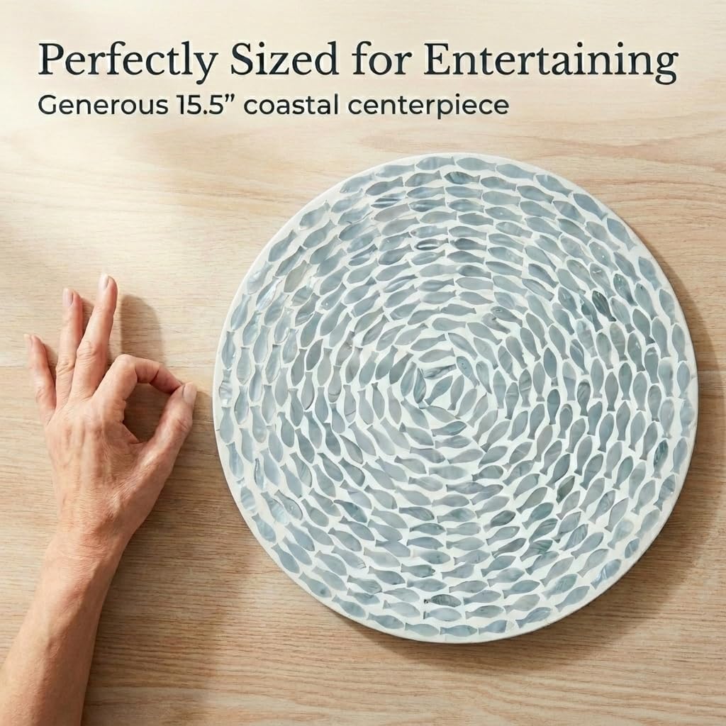 The Bridge Collection Coastal Fish Themed Lazy Susan Rotating Tabletop Tray– Nautical Spinning Serving Tray with Ocean Fish Pattern – Beach House Home Decor Accent