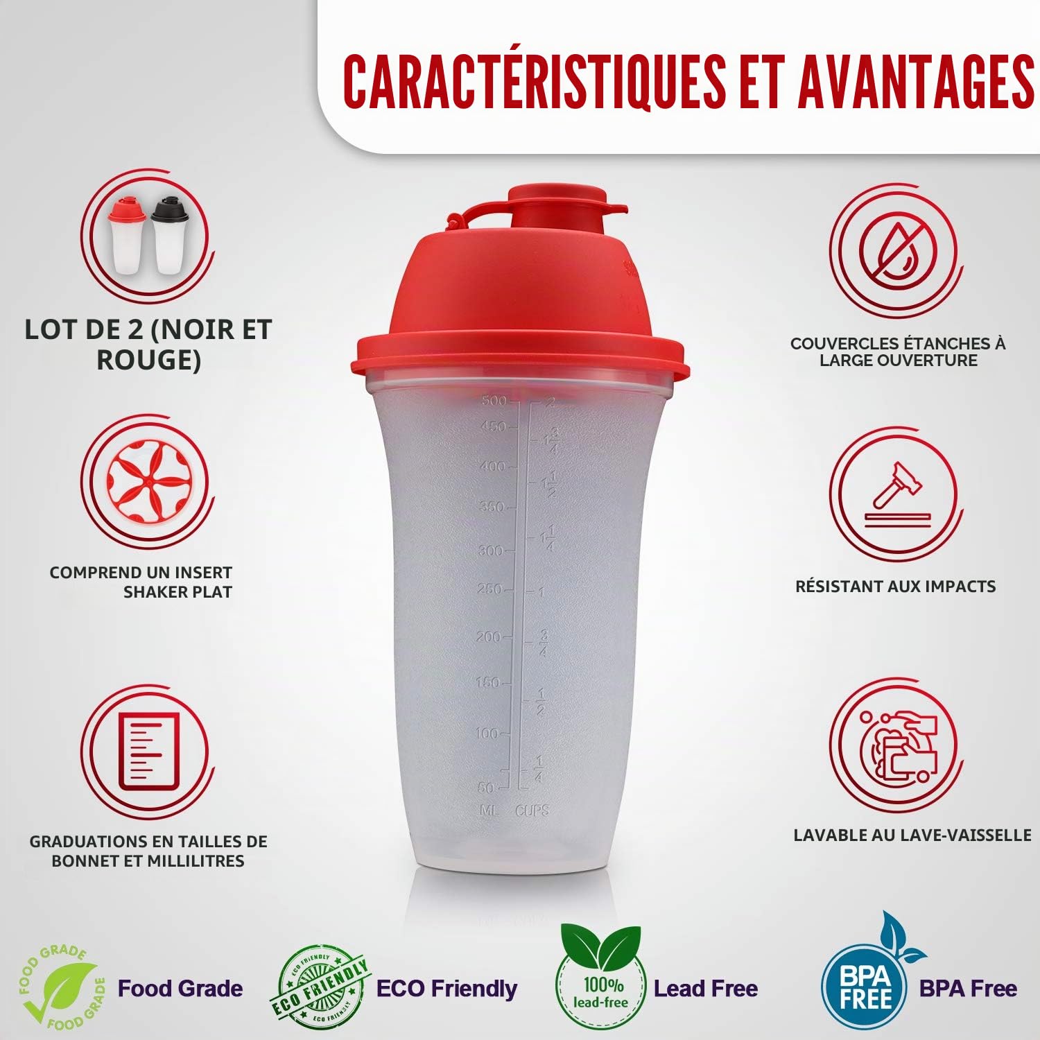 SIGNORA WARE Shaker Protéiné de 500ml, Lot de 2, pour Boisson Protéinée, Compléments Alimentaires En Poudre, Protéines de Musculation, Vinaigrettes, Gourdes de Sport Sans BPA