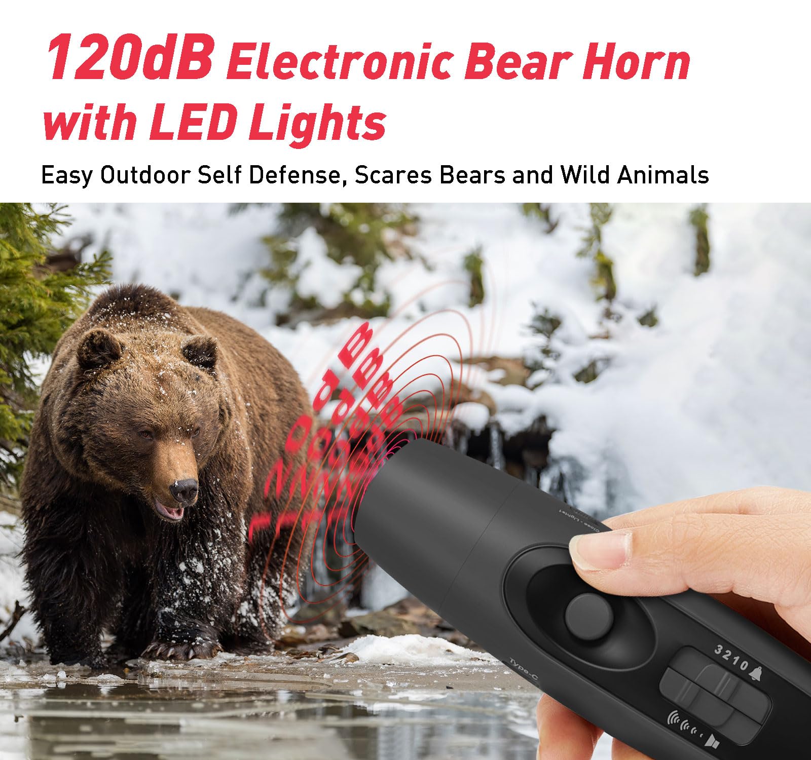 Starworld Wiederaufladbares Bärenhorn - 120dB Elektronische Lufthupe für Bären mit 4 Lautstärkestufen & 3 Tönen, hörbar 0,5 Meilen, LED-Sicherheitslicht für Wandern, Camping, Wildtierverteidigung