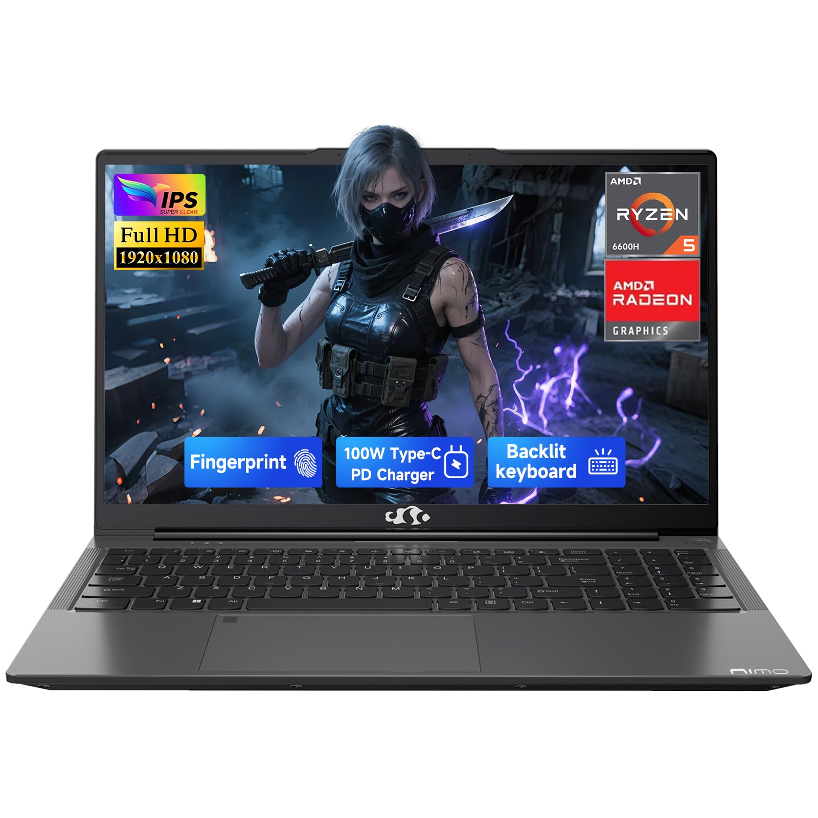 NIMO 15.6" IPS FHD Gaming Laptop, AMD Ryzen 5 6600H 16GB DDR5 RAM 1TB SSD (6 Cores Up to 4.5GHz) AMD Radeon 660M GPU with 100W Type-C Backlit Keyboard Fingerprint