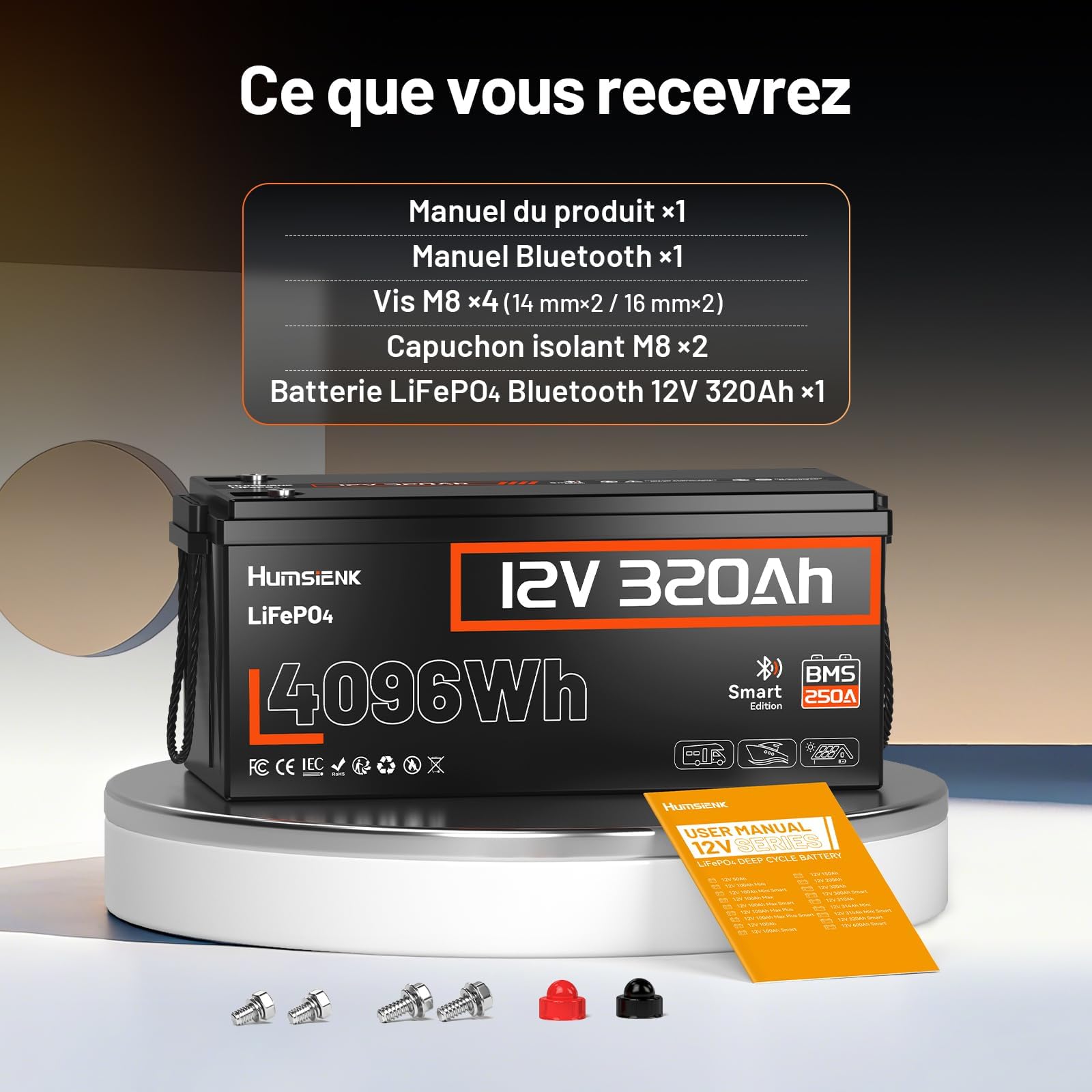 Humsienk Batterie Lithium 12V 320Ah LiFePO4 Bluetooth avec BMS 250A, 4096Wh Energie, 15000 Cycles à Décharge Profonde, Protection Basse Température pour Camping-Car, Bateau, Stockage Maison, Off-Grid