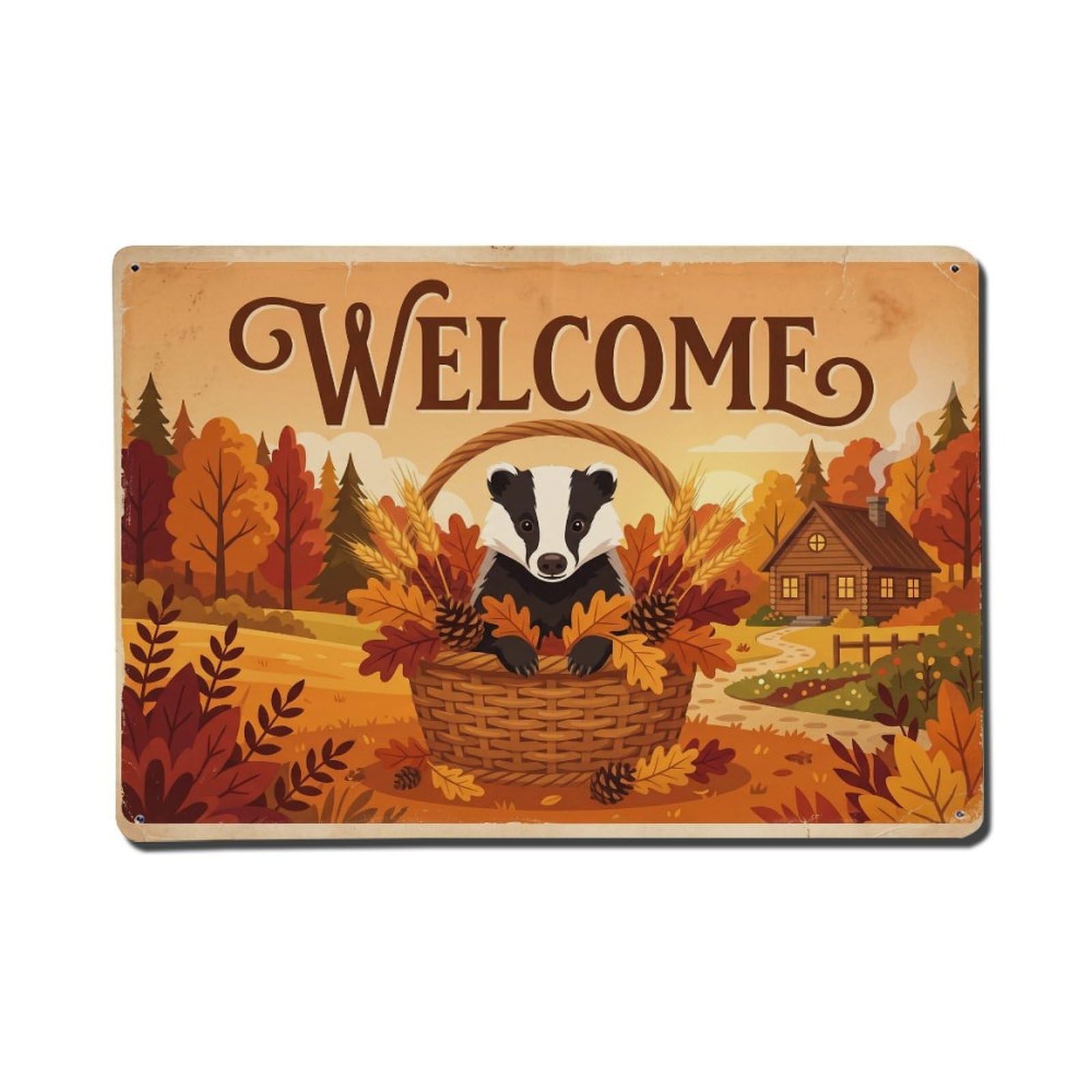 Vintage Welcome Badger Falling Leaves Metal Tin Sign