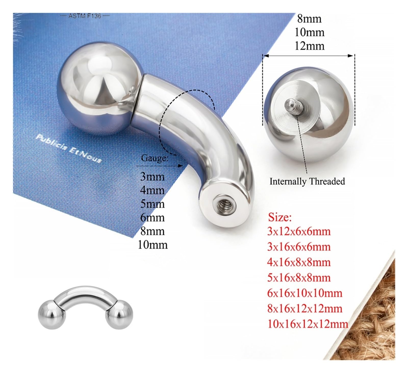 6G 8G 10G Duży Rozmiar Kolczyka Do Nosa F136 Tytan 3-10mm Duże Ucho Przegroda Tragus Chrząstka Helix Okrągły Kolczyk Piercing Biżuteria Do Ciała(10.0x16x12x12mm)