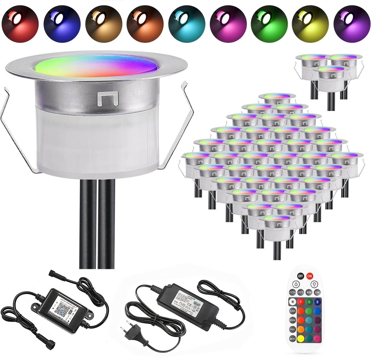 Juego completo de 40 luces LED RGB para empotrar en el suelo, para exteriores, con Bluetooth, 0,6 W, diámetro de 30 mm, IP67, resistentes al agua, para terraza, cocina, jardín