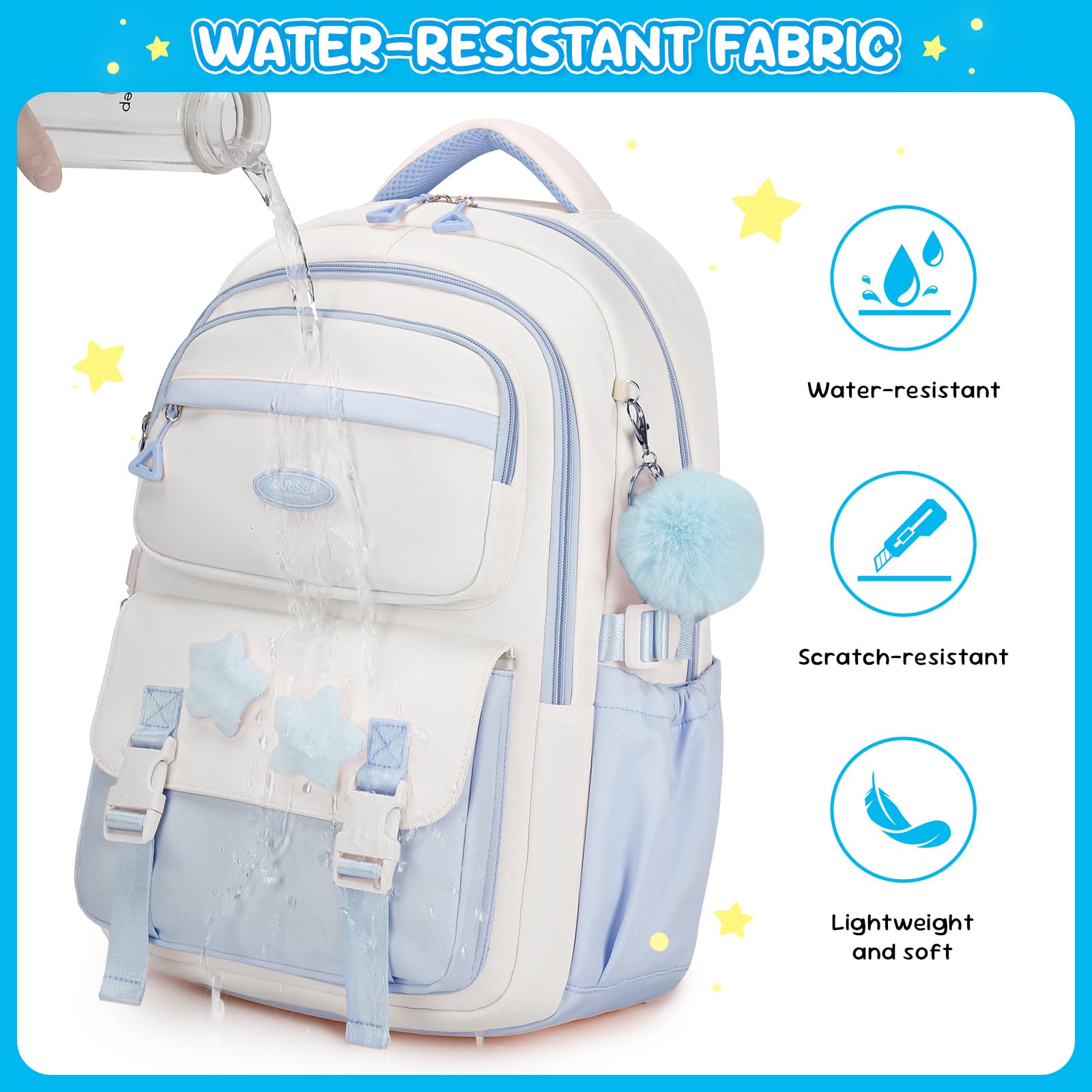 Amythe Cartable Fille Primaire CE2 CM1 CM2, Convient aux Chariot, Bleu | Sac à Dos pour Enfant 9 à 16 Ans, Cartable Filles Collège, Kawaii Décontracté Grande Léger et Imperméable, Rentrée scolaire