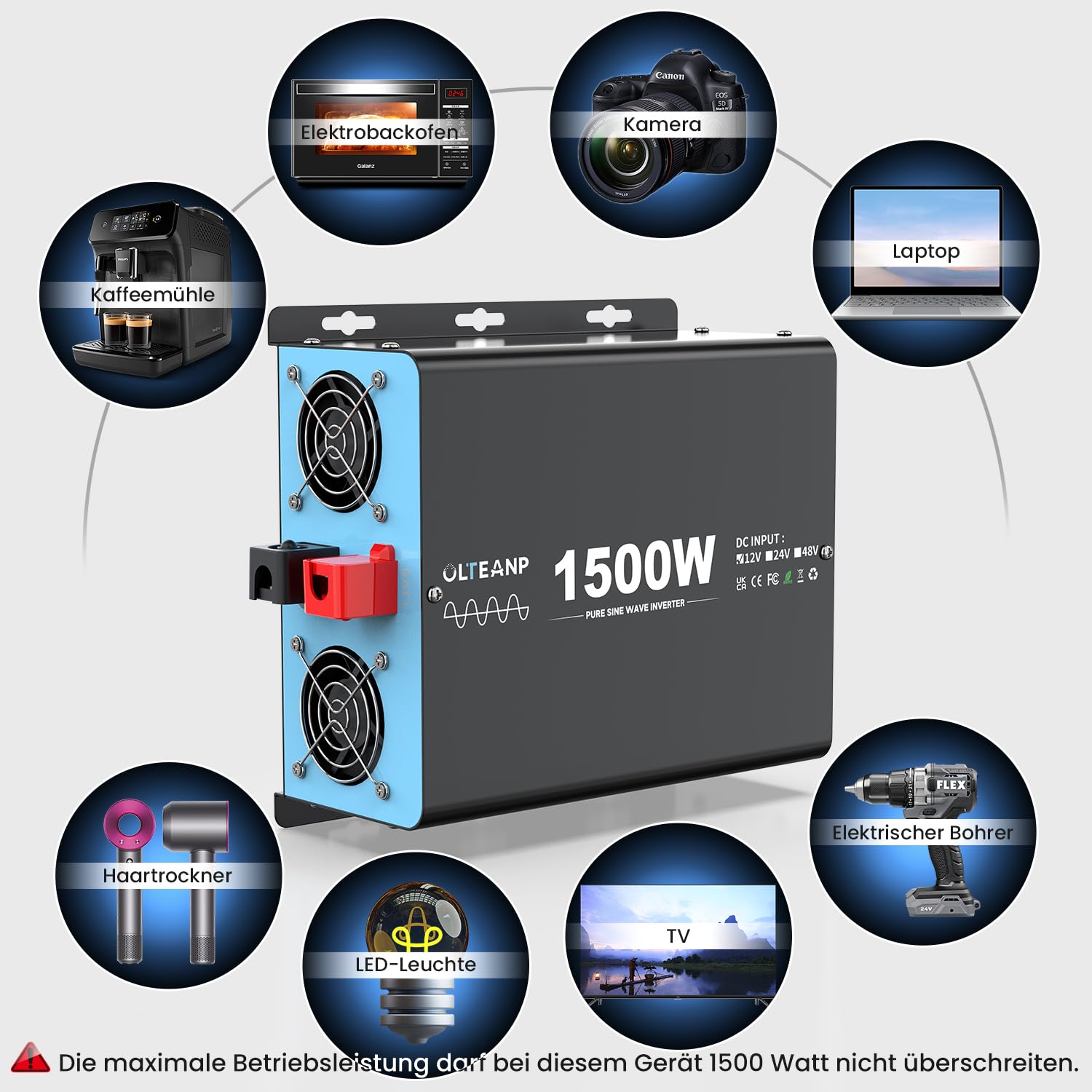 Przetwornica napięcia 1500 W, 12 V na 230 V, czysta sinusoidalna przetwornica napięcia z pilotem LCD – 2 x gniazda AC, USB i typ C – idealny do przyczep kempingowych, na kemping, łódź i w przypadku