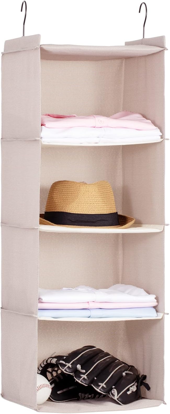 DonYecoHanging Closet Organizer and Storage, Foldable 4-Shelf Wardrobe Clothes Shelves Organizer, Imitation Linen Fabric, Beige Houndstooth