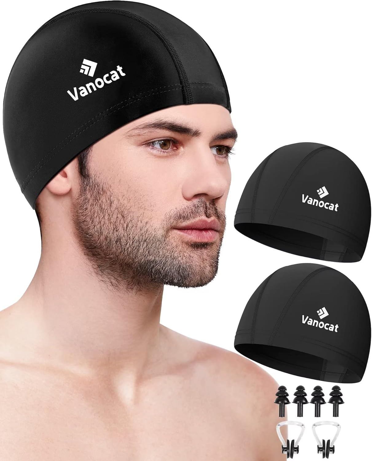 2 Pack Lycra Swim Caps for Women Men, High Elasticity Spandex Fabric Swimming Caps for Long/Short Hair, Comfortable Swim Hats with Ear Plugs & Nose Clip-3 : Sports & Outdoors