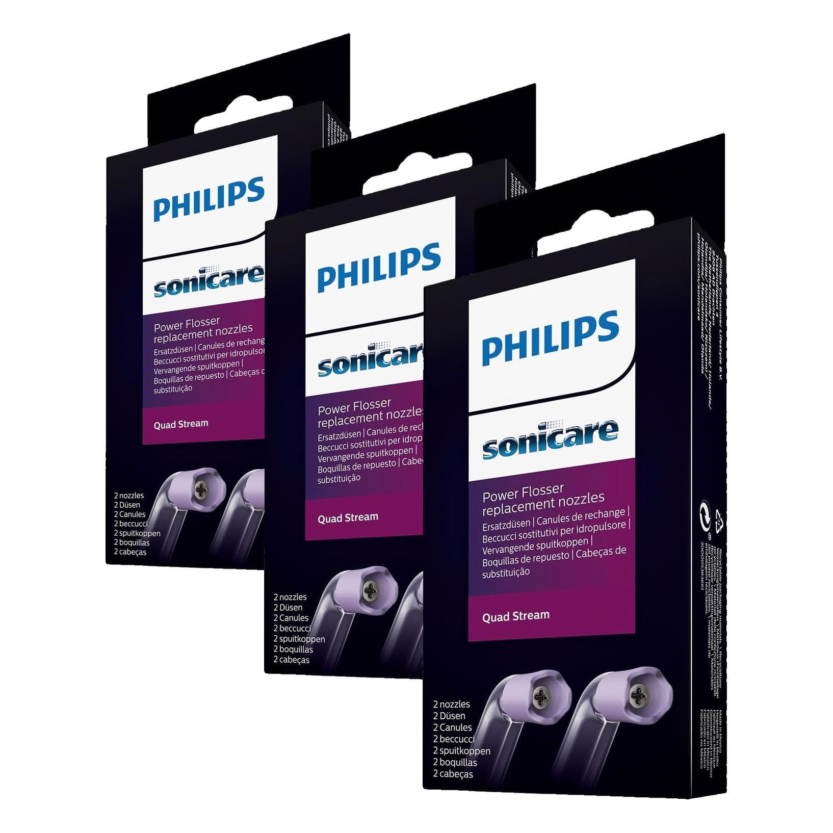 Philips Pack de dos unidades de boquillas F3 con tecnología Quad Stream para irrigador oral inalámbrico de agua y aire Philips Sonicare Power Flosser (modelo HX3062/00) (Paquete de 3)