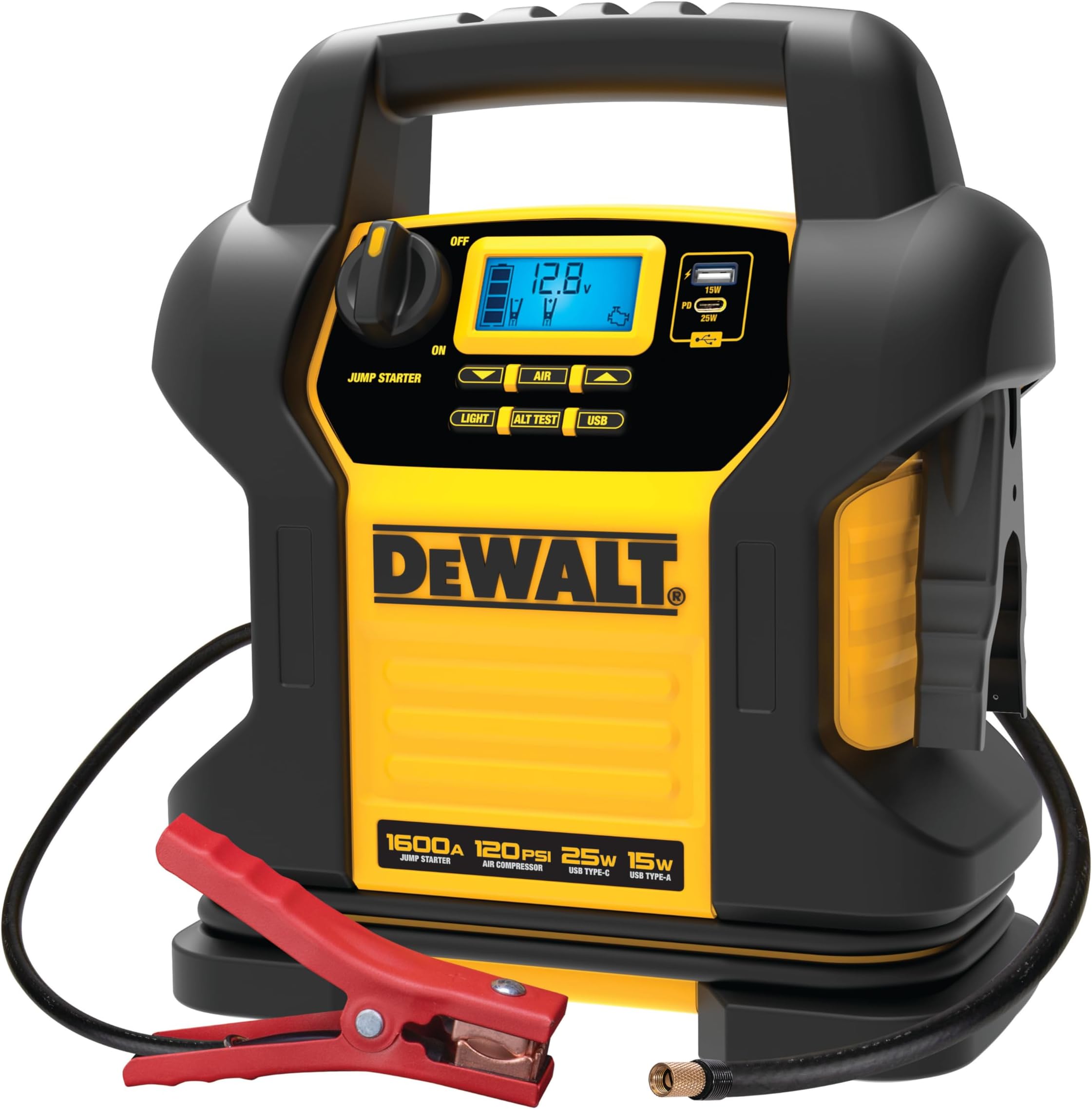 DXAEJ14 Digital Portable Power Station Jump Starter - 1600 Peak Amps with 120 PSI Compressor for Tires, Sports Equipment & Bikes, 15W USB-A and 25W USB-C Power