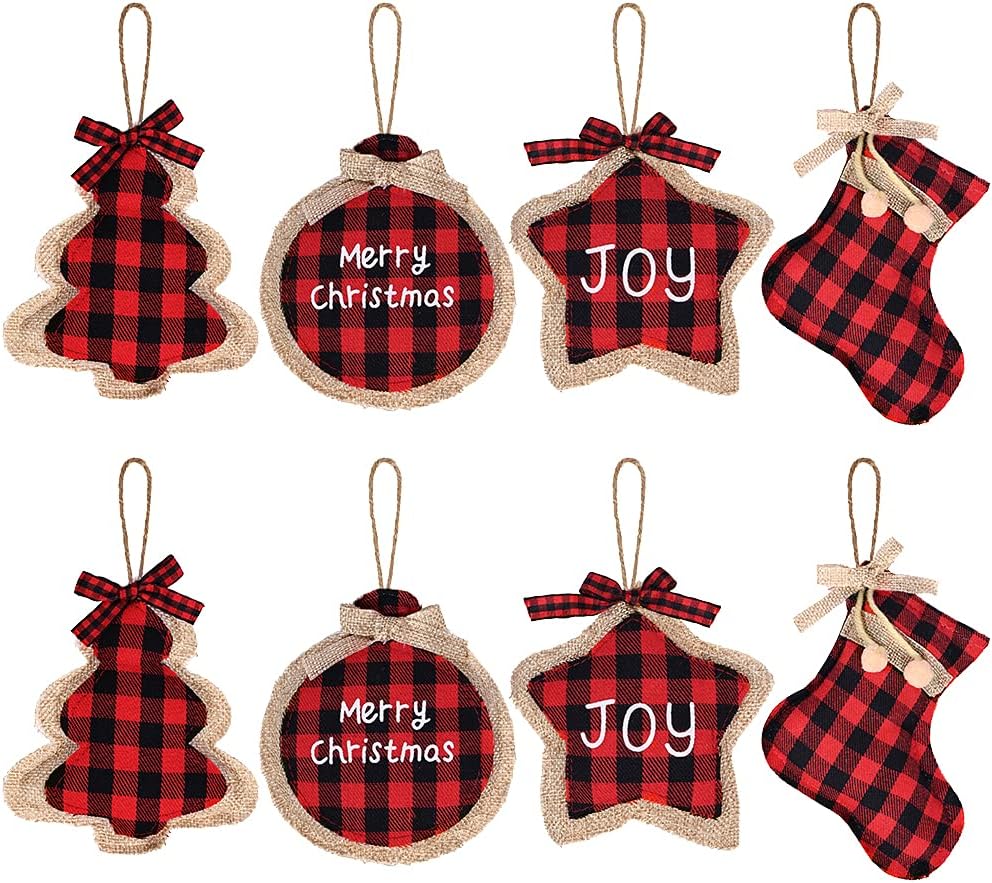 YIRDDEO 8 Pcs Buffalo Check Plaid Christmas Ornaments Set, Trendy Mini Hanging Red Black Burlap Tartan Tree Decorations, Vintage Rustic Holiday Xmas Party Gift Stocking/ Star/ Ball