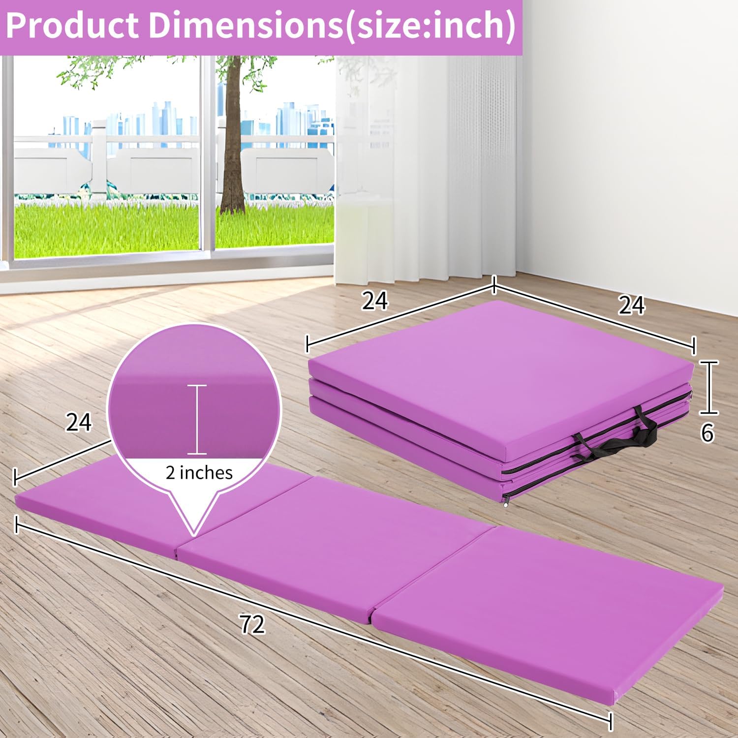 BLKMTY Gymnastics Mats - 2'x6' Folding Exercise & Yoga Mat with Carrying Handles for Kids' Tumbling & Home Gym