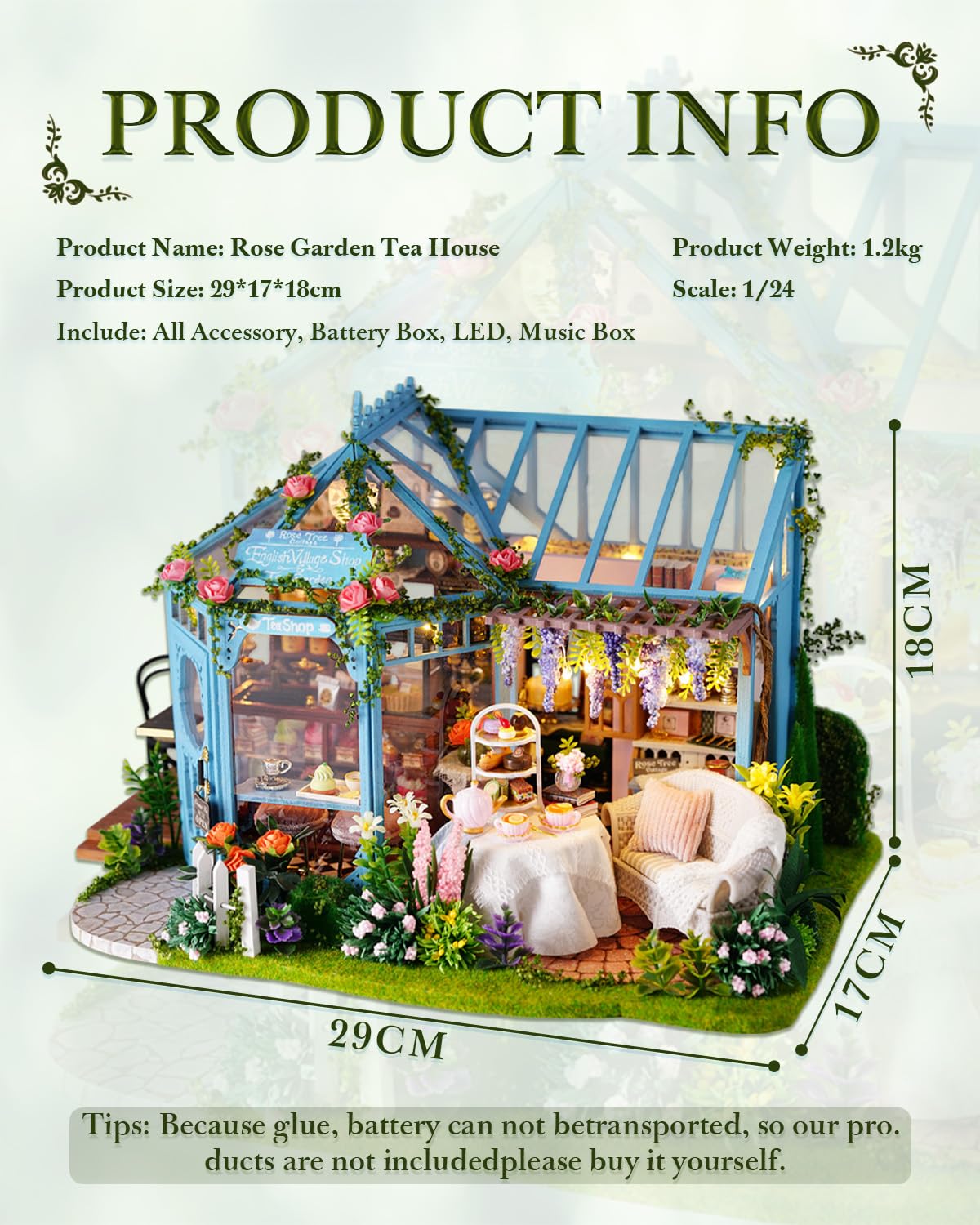 DIY Miniatur Haus Bausatz für Erwachsene,Puppenhaus Gewächshaus mit LED Licht,3D Puzzle Buchstütze aus Holz Modellbausatz Bastelset Bücherregal Deko Geschenken (Rose Garden Tea House)