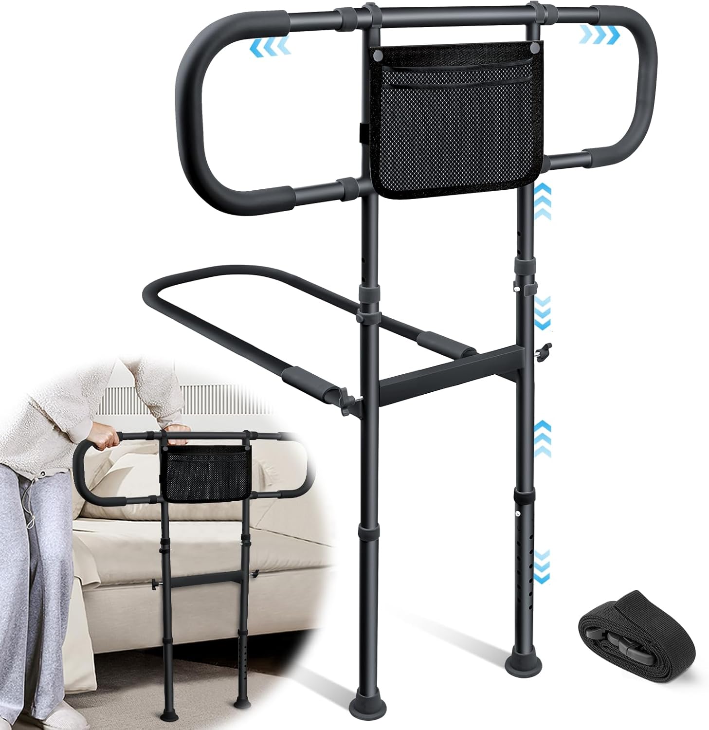 AMOVO Bed Rails for Elderly Adults Safety Bed Guard Rails for Seniors Extended Handle Bed Assist Rail with Storage Pouch, Stable Bedside Cane Support Bar Grab, Fit King Queen Full Twin