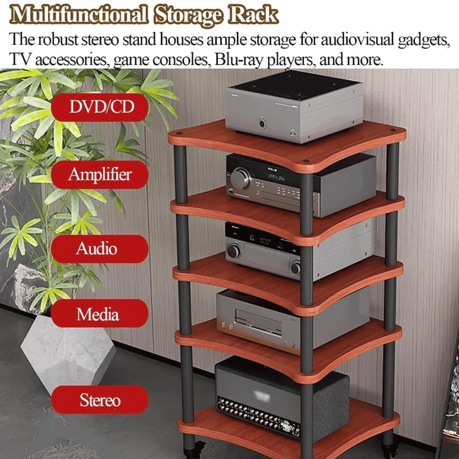 Rack audio a 4 livelli aperto AV Cabinet Stereo Equipment Shelf Audio-Video Storage finitura marrone ideale per Home Theater & Music Setup