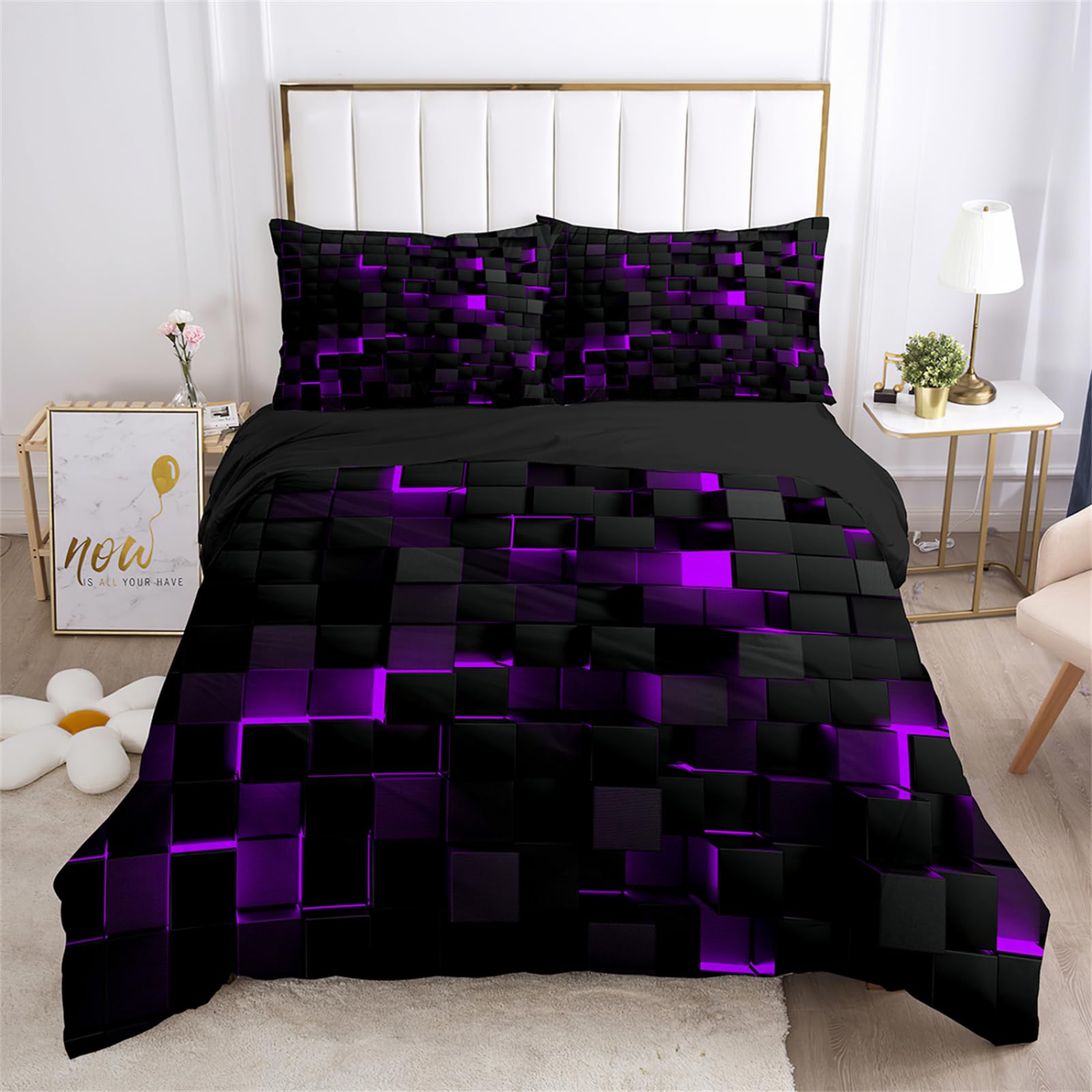 Dwetcxo Double Duvet Set Purple Black Geometry Duvet Sets Double Bed Soft Microfiber Washable Duvet Cover Sets Easy Care Bedding with Zipper Closure+2 Pillowcases 50x75cm 200x200cm