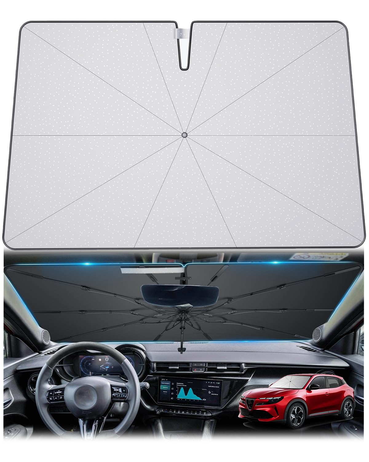 [Upgrade] GAFAT Compatibile con Alfa Romeo Junior Ibrida 2025 2026 2027 Parasole per Parabrezza Anteriore Ispessito, Protezione UV UPF 50+, Scheletro in Fibra Vetro, Meno Pieghe, Piegatura con un Clic