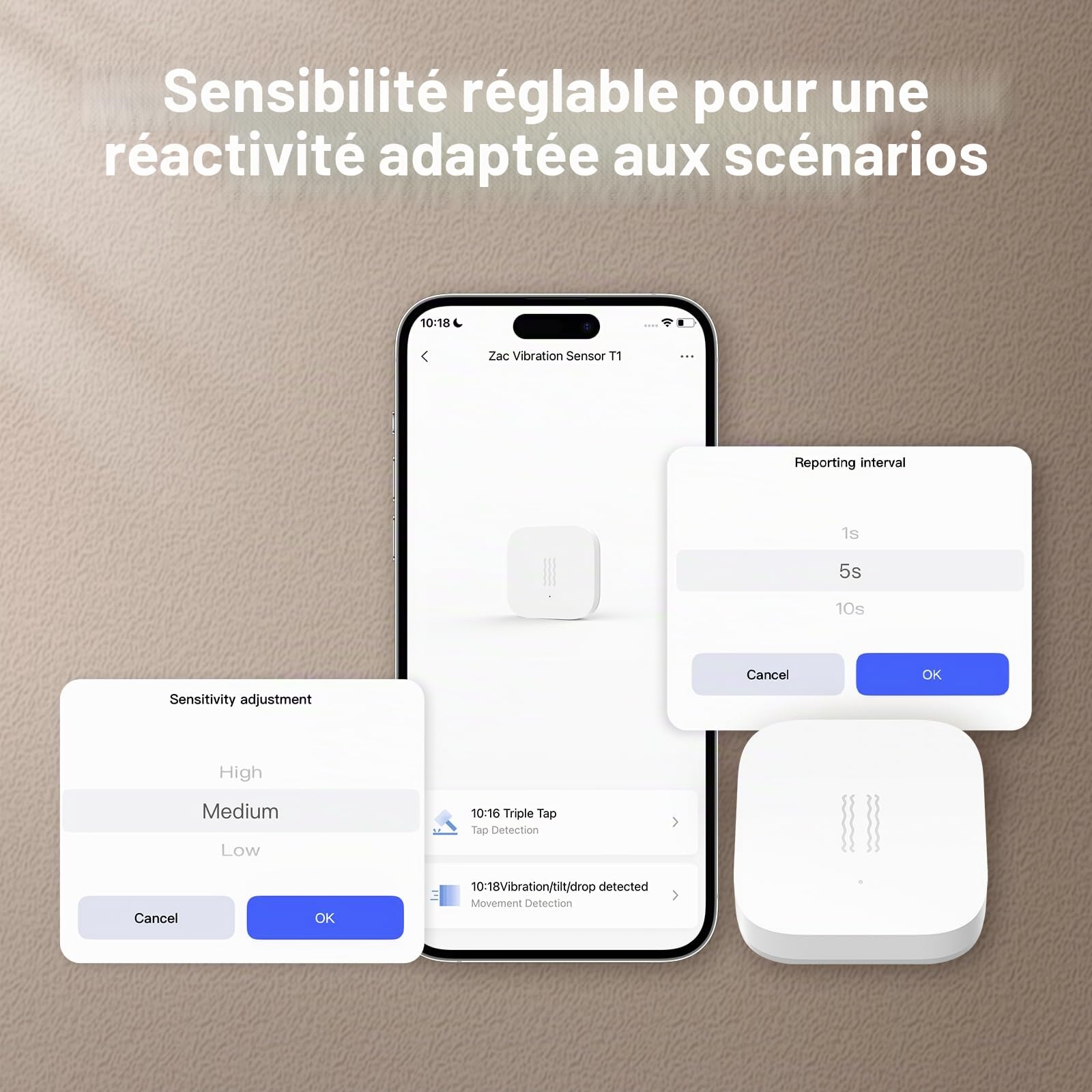Aqara Capteur de Vibrations T1，Zigbee 3.0, Nécessite Un hub Aqara, Détection des Vibrations, de l'inclinaison et des Chutes, Compatible avec HomeKit, Alexa et Google Home