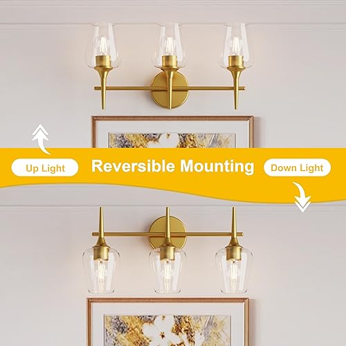 Miniatura 8 de Lámpara de tocador dorada de 3 luces moderna de lujo con pantallas de vidrio de vino para espejo de 24 pulgadas, aplique de pared para pasillo