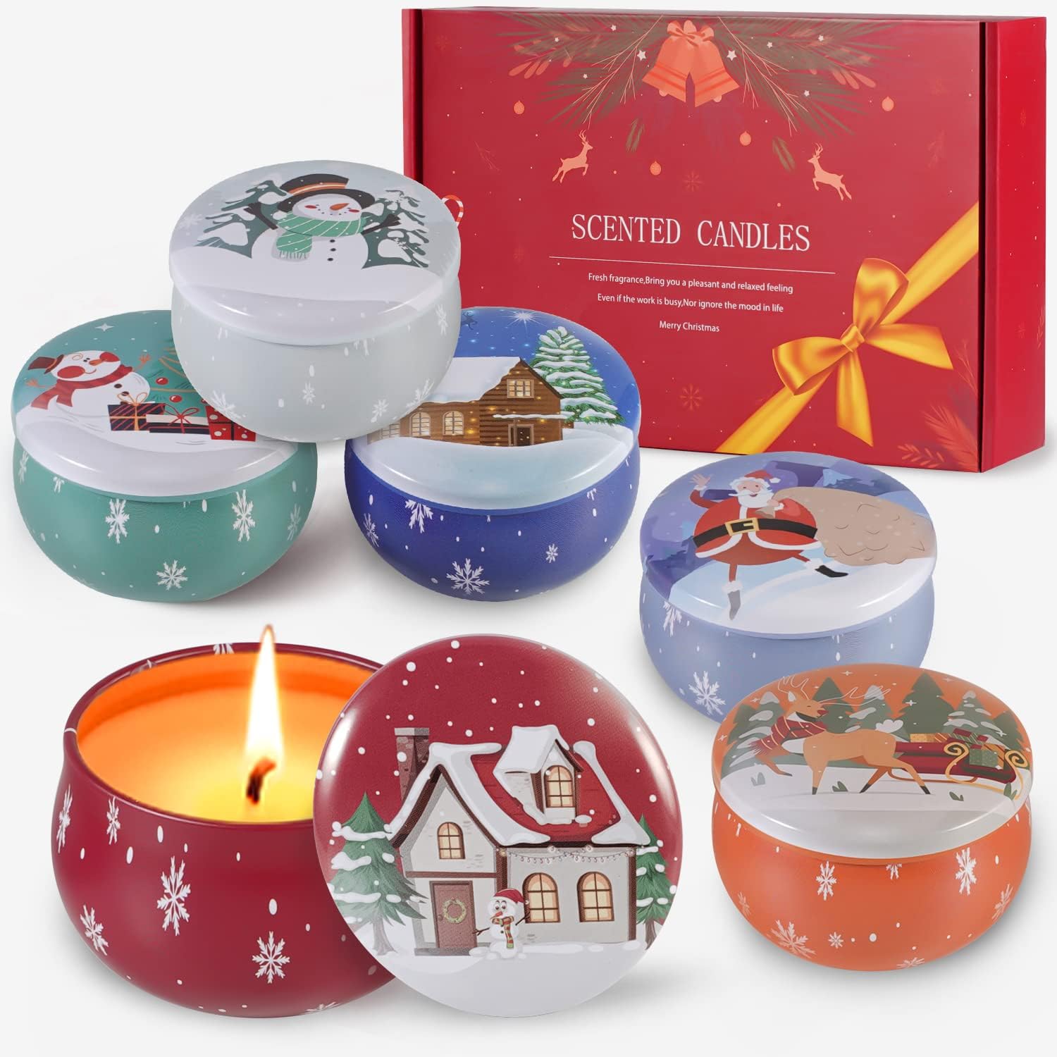 Christmas Scented Candles Gifts for Women, 6 Pack Scented Candles Gifts Set, Natural Soy Wax Xmas Tin Jar Aromatherapy Candles for Stress Relief, Ideal Christmas Gifts for Women Man Friends